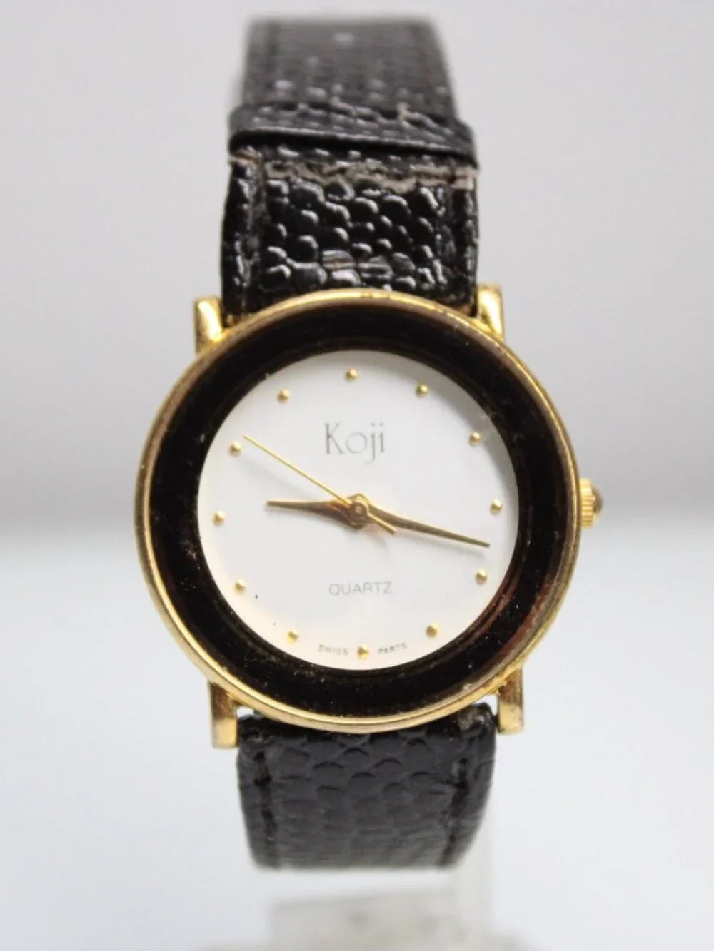 Koji Quartz Watch Swiss Parts Gold Tone White Dial Black Leather Band